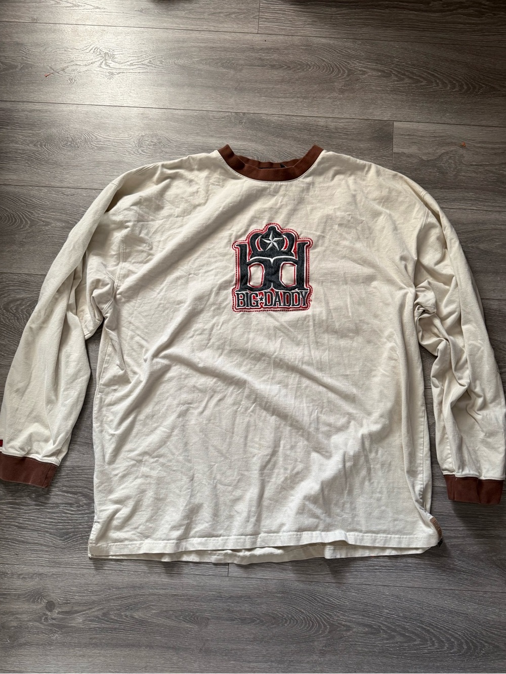 Cream Long-Sleeve Ringer Tee with Brown Trim